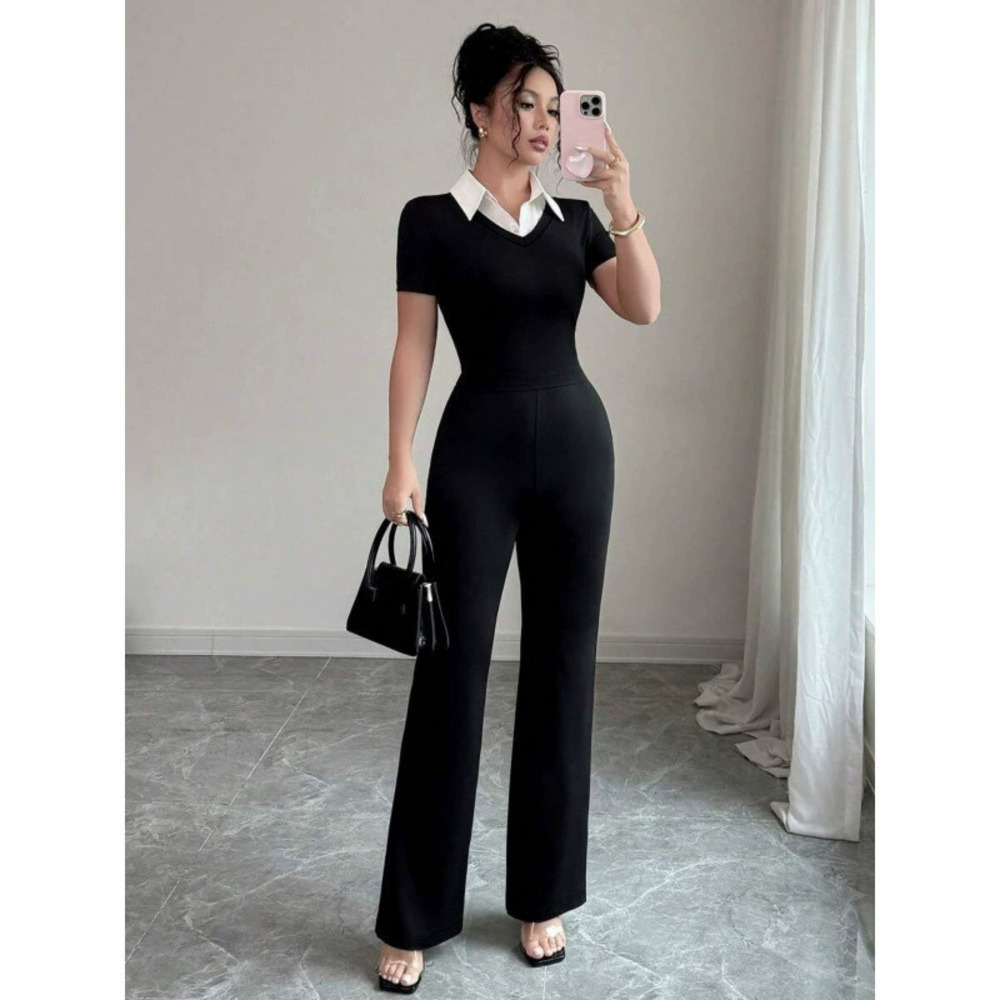 ZARA Womens Chic Patchwork Shirt Collar Short Sleeve Slim Waist Jumpsuit